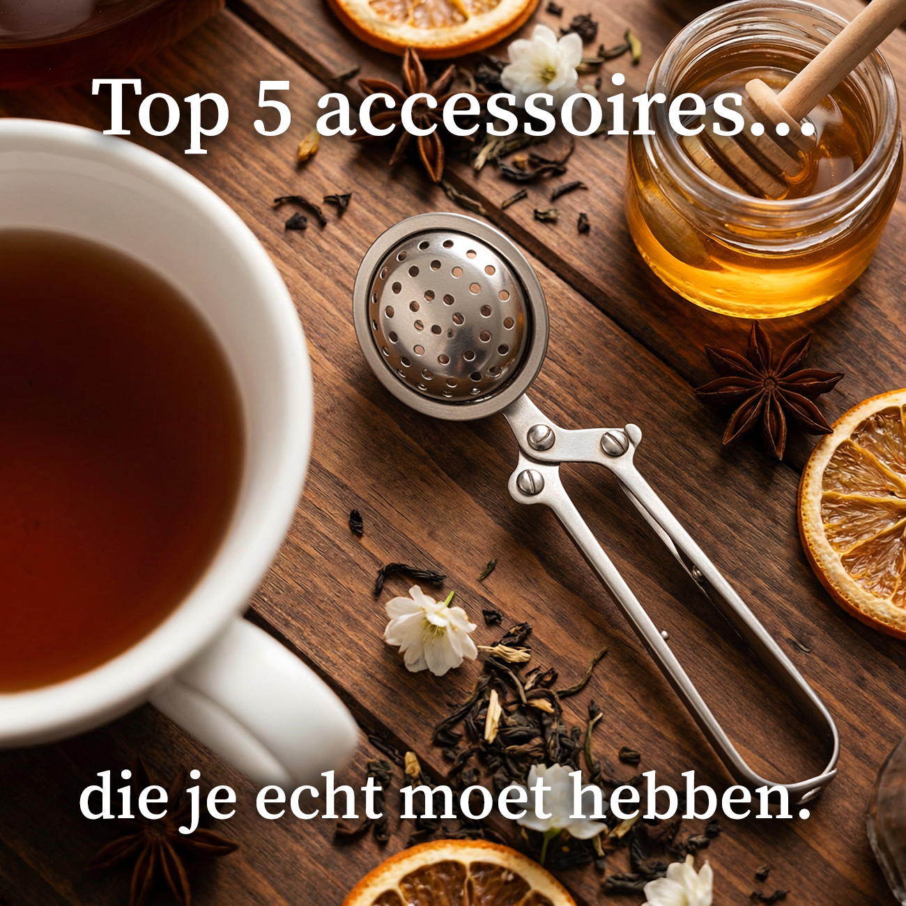 Thee-accessoires uitgestald: theepot, filter, maatschepje en theekopje