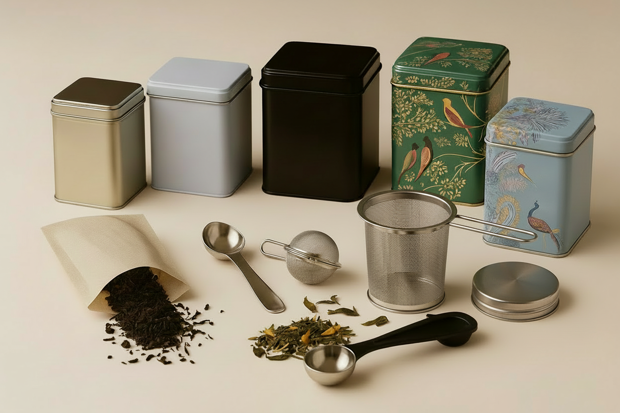 Diverse thee-accessoires: theeblikken, theezeef, maatlepeltje en bamboe theeblad